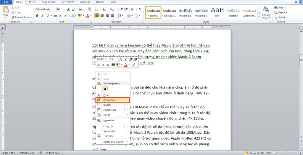 Nhấn chuột phải và Chọn Paragraph