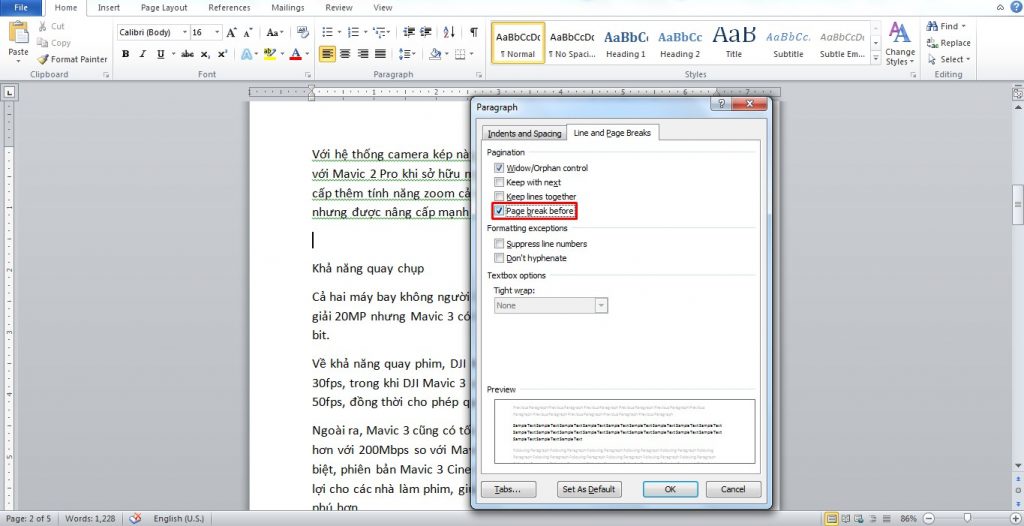 Tích vào Page break before để tách trang word