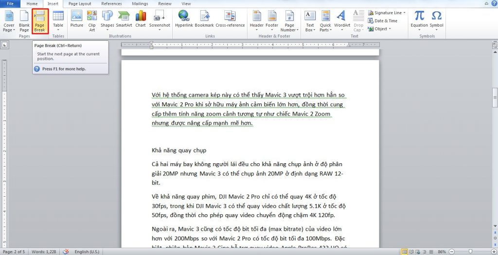 cách tách trang trong word bằng lệnh Page Break