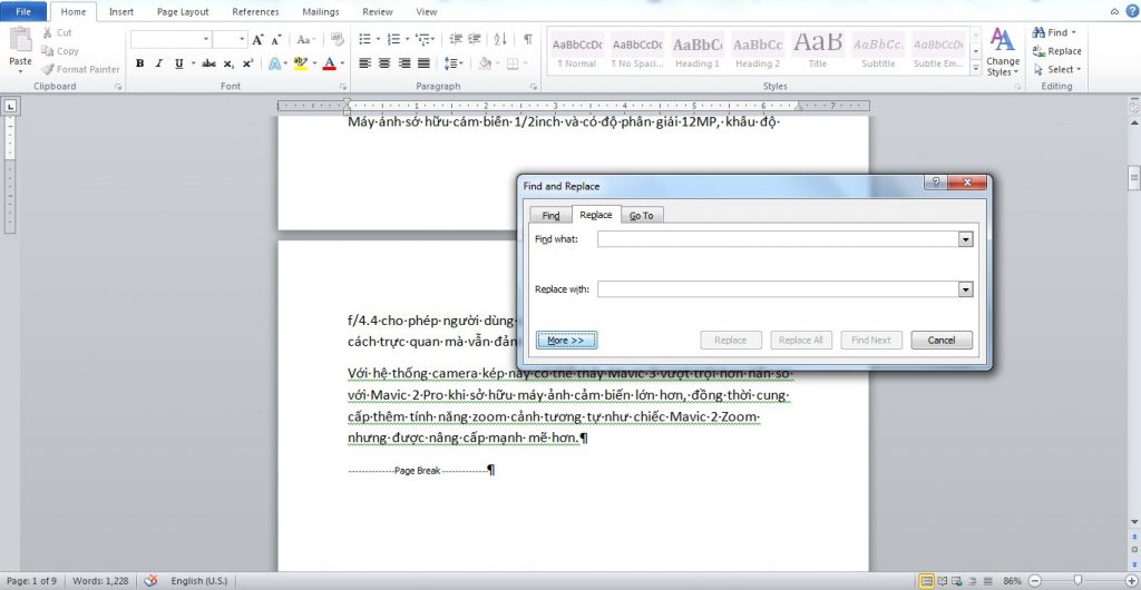 Mở hộp thoại Find and Replace để tách trang trong word