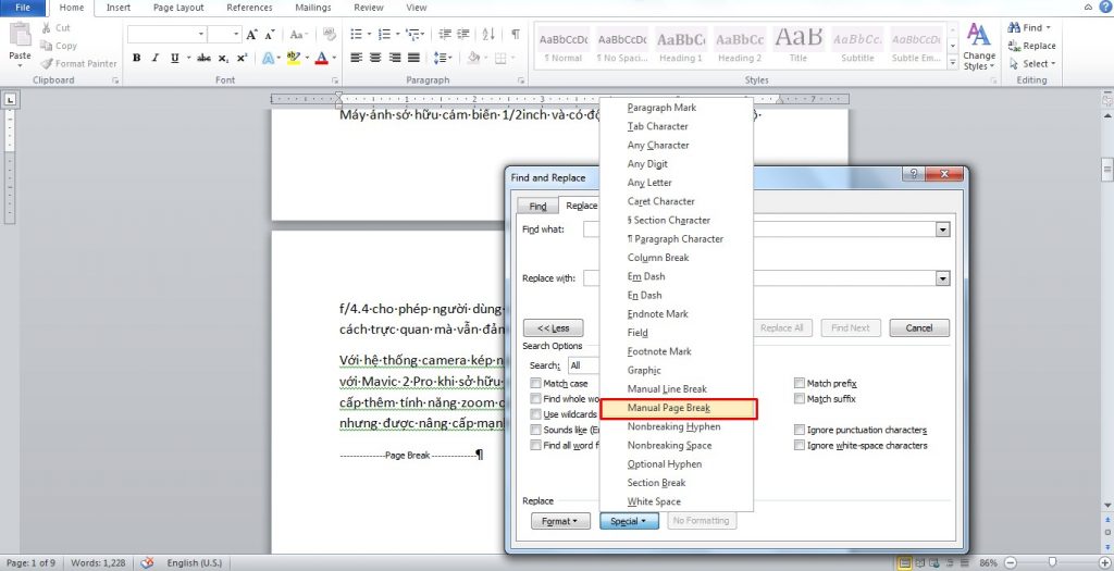 chọn Manuel Page Breaks để tách trang trong word