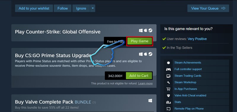 Chọn game CS:GO, bấm vào ô