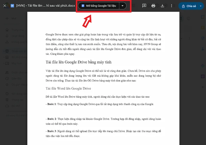 Click Chọn Mở Bằng Google Tài Liệu