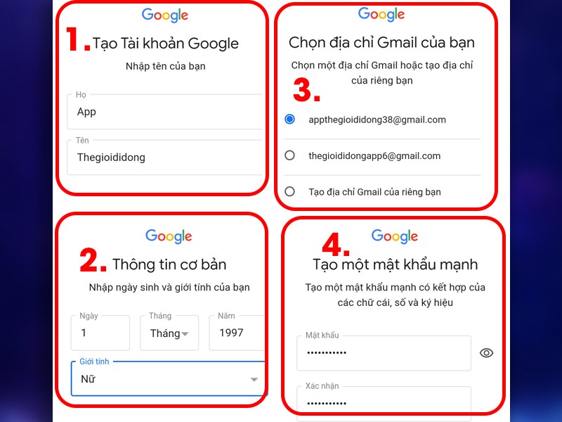 Bước 2: Điền đầy đủ các thông tin cá nhân như họ và tên, ngày tháng năm sinh, mật khẩu, tên người dùng,...