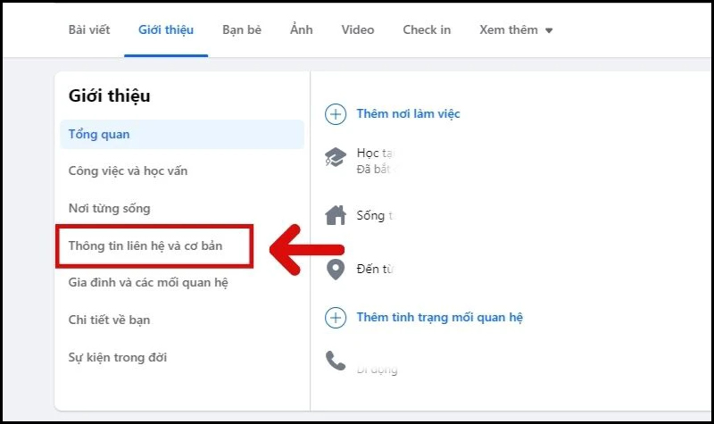 Chọn vào mục Thông tin liên hệ và cơ bản
