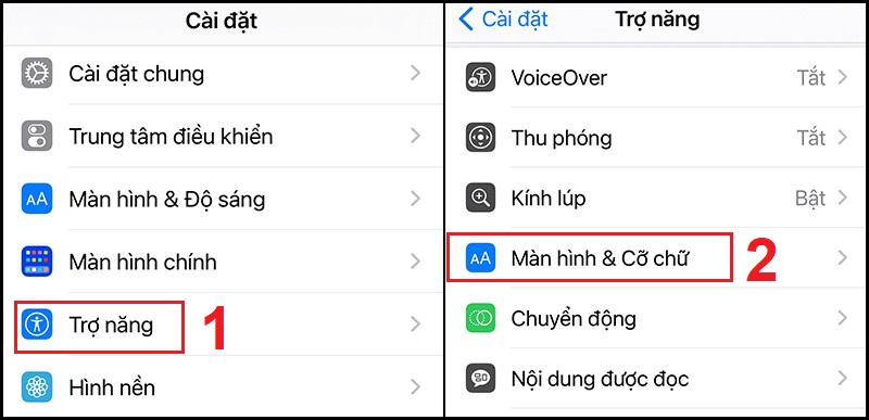 Mở mục Màn hình và Cỡ chữ