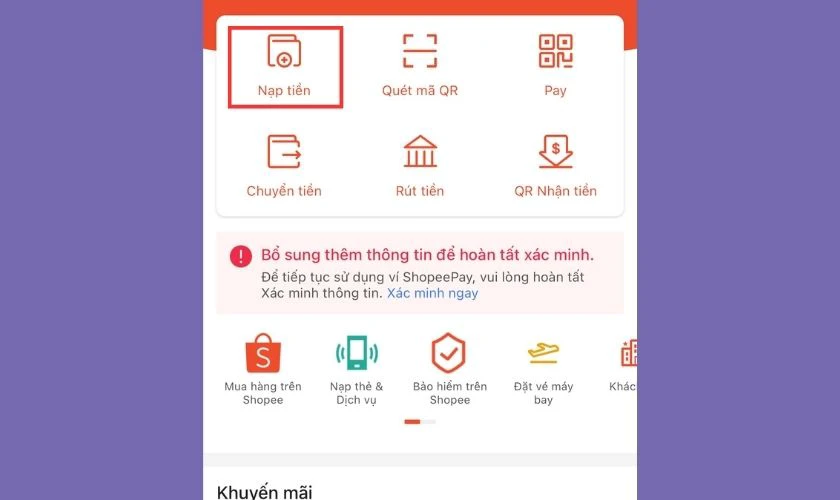 Cách nạp tiền vào ví ShopeePay