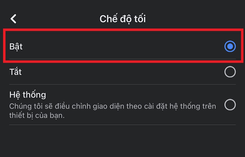 Chọn Bật để kích hoạt tính năng chế độ tối