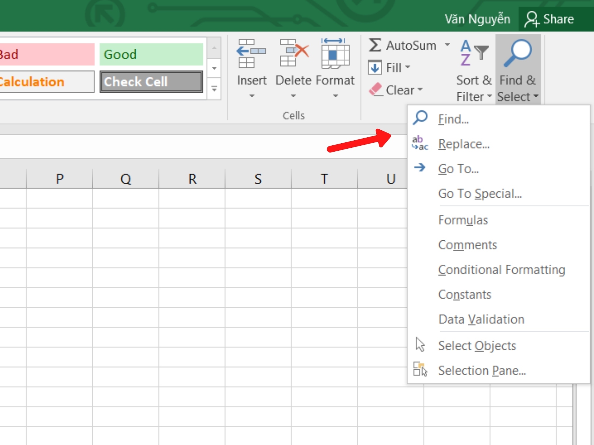 tìm kiếm và thay thế dữ liệu trong excel