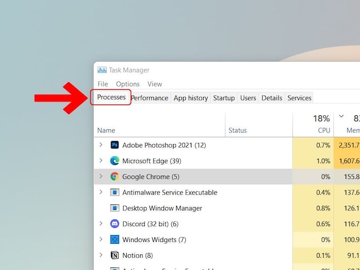 Bạn nhấn vào thẻ Processes.
