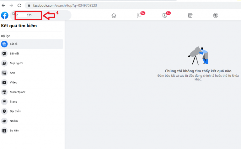 Nhập số điện thoại vào ô tìm kiếm của Facebook.