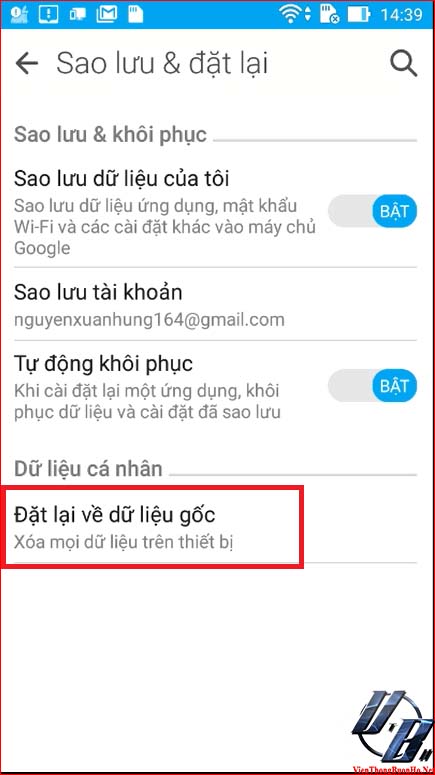 đặt lại về dữ liệu gốc ( Factory data reset)