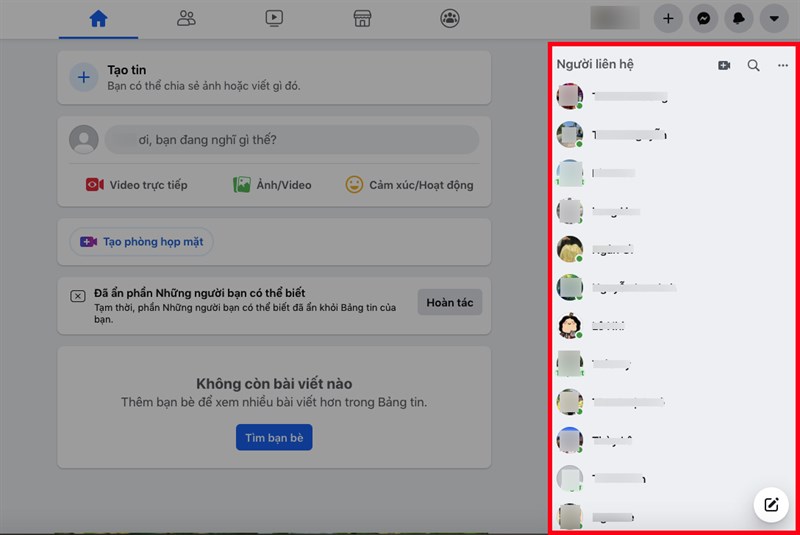 Mở Facebook trên máy tính, tại mục Người liên hệ ở bên phải sẽ hiển thị danh sách bạn bè đang online trên Facebook