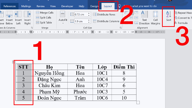 Bôi đen cột STT > Nhấn tab Layout > Chọn Sort