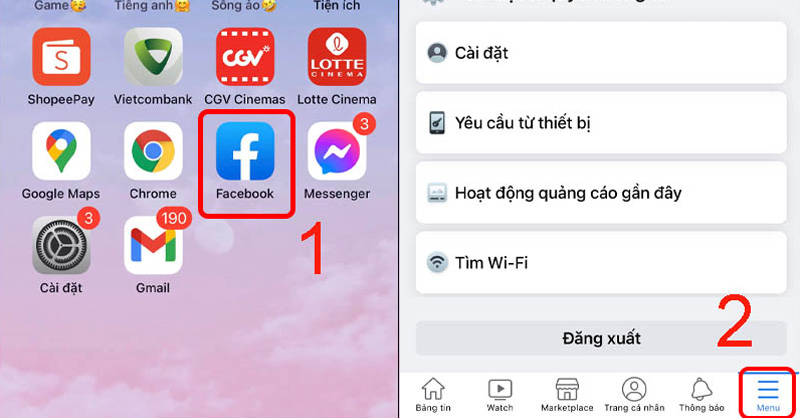 Mở ứng dụng Facebook và chọn dấu gạch cuối màn hình