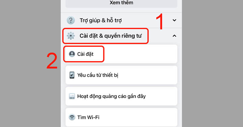 Chọn Cài đặt tại mục Cài đặt & quyền riêng tư để xóa bộ nhớ đệm Facebook