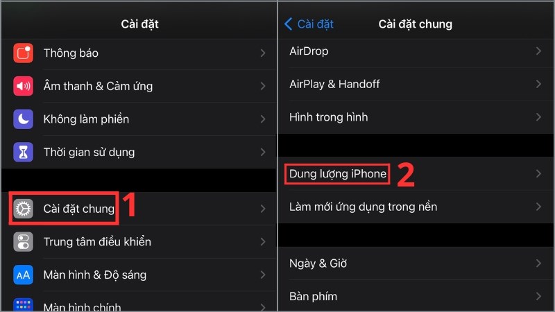 Mở Cài đặt > chọn Cài đặt chung > chọn Dung lượng iPhone