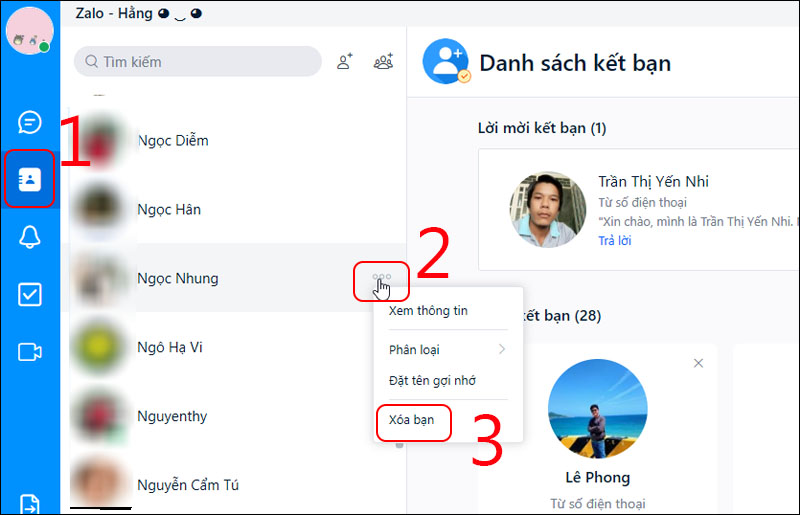 Vào danh bạ chọn người cần xóa