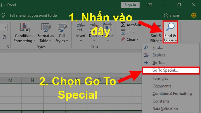 Chọn biểu tượng Find & Select > Chọn Go To Special