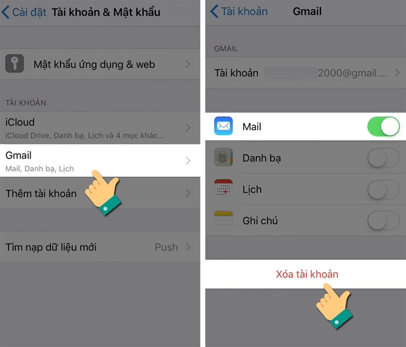 Chọn Gmail cần xóa và Xóa tài khoản trên iPhone