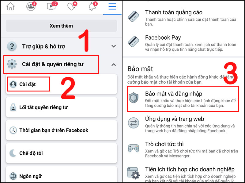 Bạn nhấn vào “Cài đặt” rồi chọn “Bảo mật và đăng nhập” trong phần “Bảo mật”.