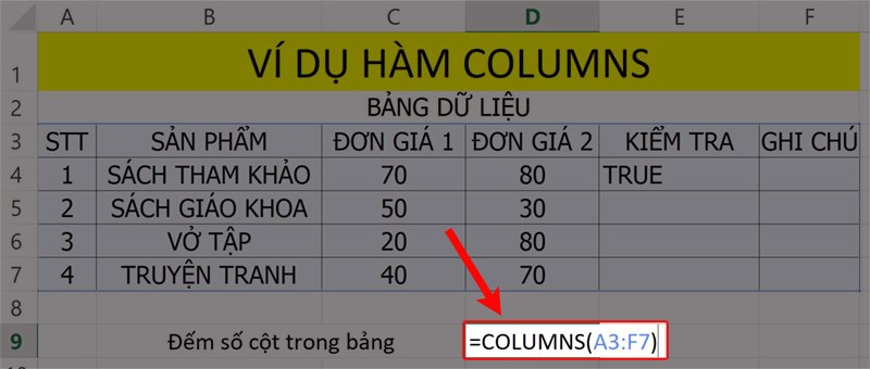 Ví dụ minh họa hàm COLUMNS