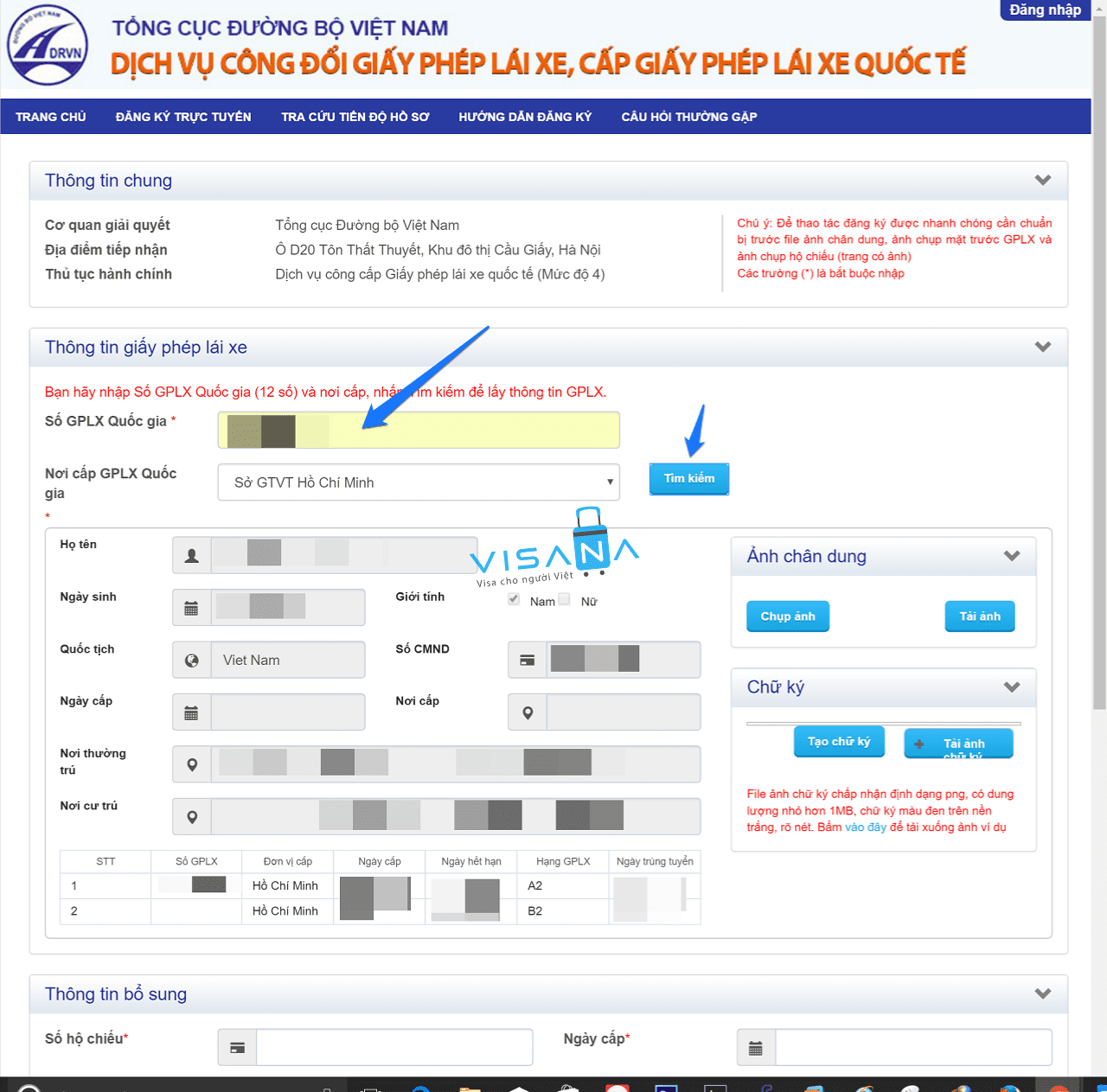 điền thông tin đăng ký Bằng lái xe quốc tế visana