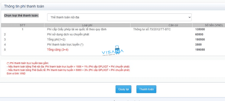 thanh toán phí đăng ký Bằng lái xe quốc tế visana