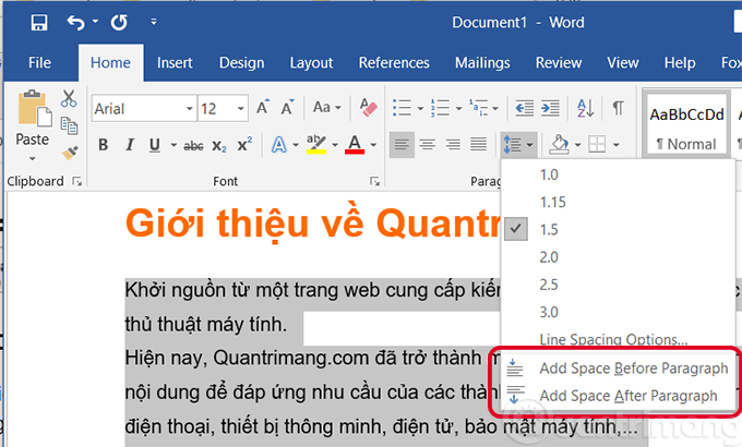 Chỉnh độ giãn dòng trong Word