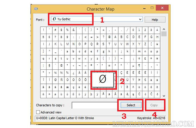 Chọn ký hiệu phi trong bảng Character Map