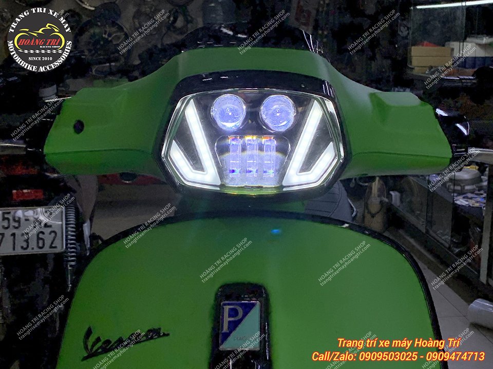 Chế độ pha của đèn bi cầu Led Tun Vespa Sprint tích hợp xi nhan (có thể tích hợp passing với 2 bi cầu của đèn)