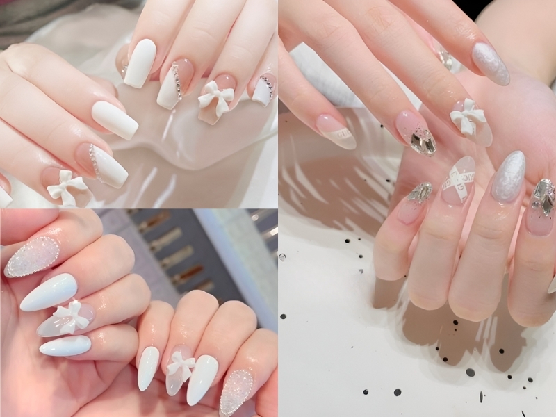 Kiểu nail cô dâu đính nơ