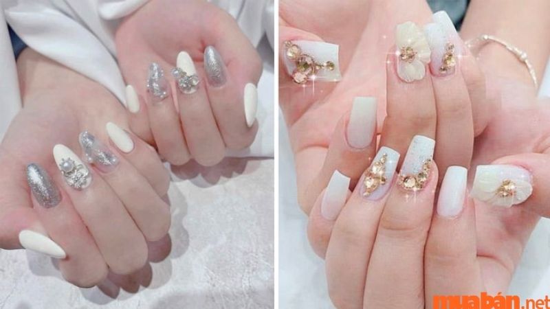 Nail đính đá với tone màu trắng