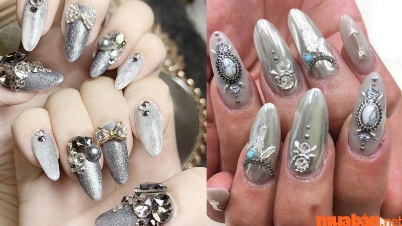 Mẫu nail đính đá với tone màu xám