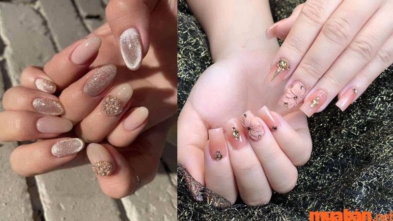 Mẫu nail đính đá với tone màu nude