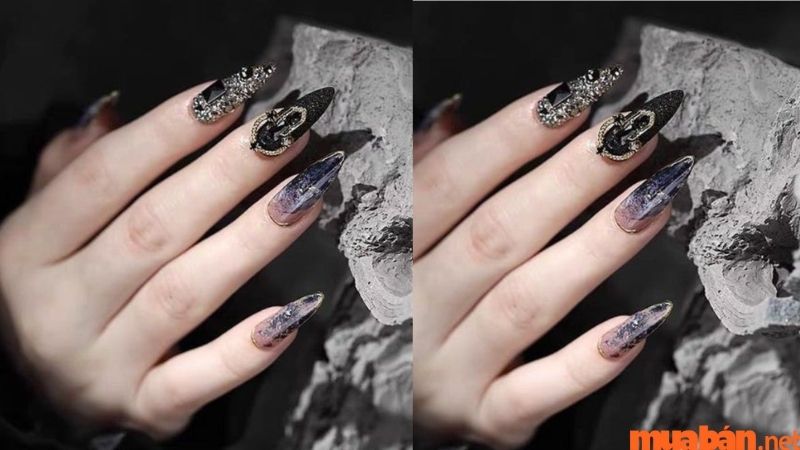 Mẫu nail đính đá tone màu tím