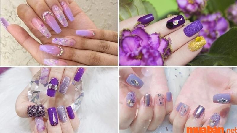 Mẫu nail đính đá tone màu tím