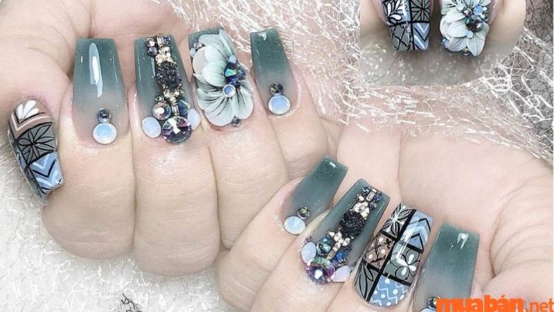 Mẫu nail đính đá ombre