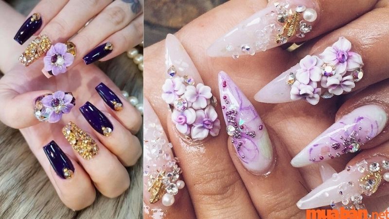 Mẫu nail đắp hoa bột và đính đá