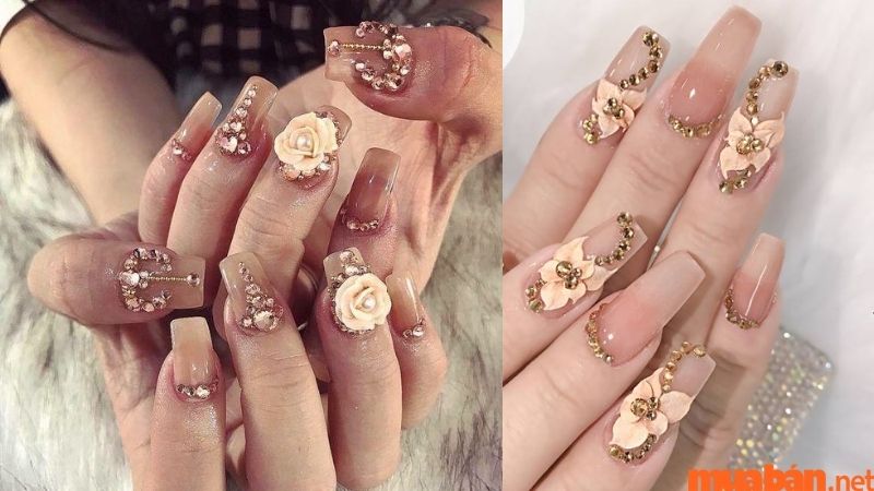 Nail đính đá đẹp kiểu đắp hoa