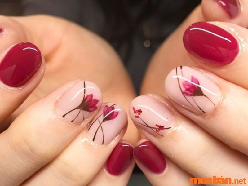 Bộ nail ngắn trang trí hoa lá