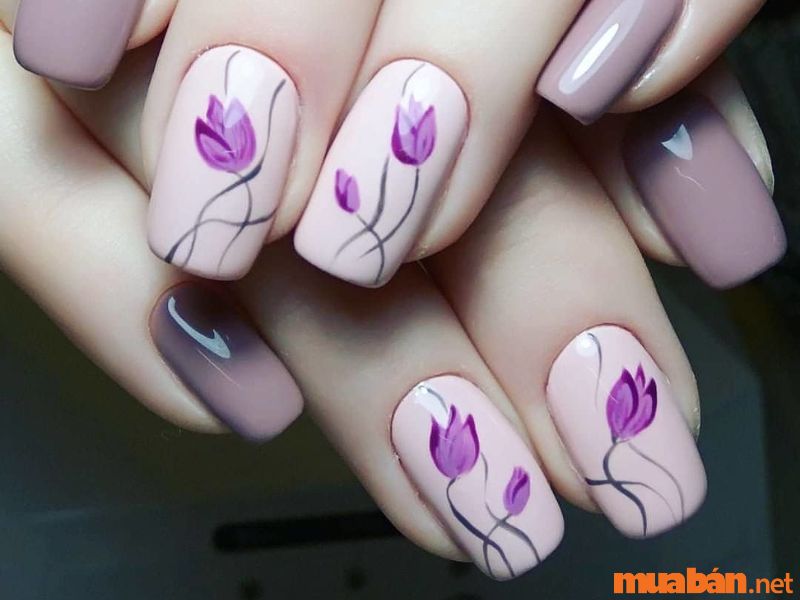 Kiểu nail ngắn vẽ hoa đẹp