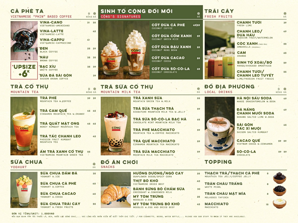 Menu và bảng giá của Cộng