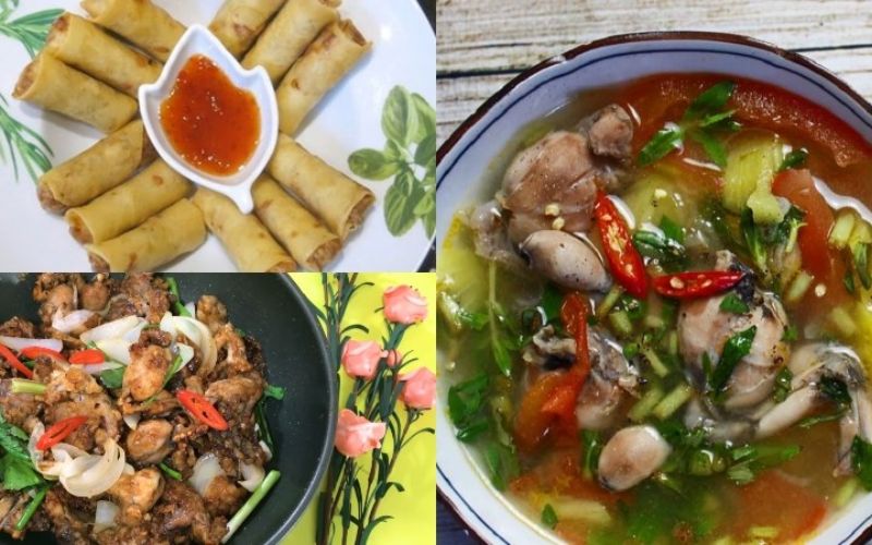 Chả giò, ếch xào hành, canh chua ếch