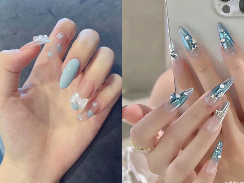 Mẫu nail xanh dương nhạt dành cho cô dâu