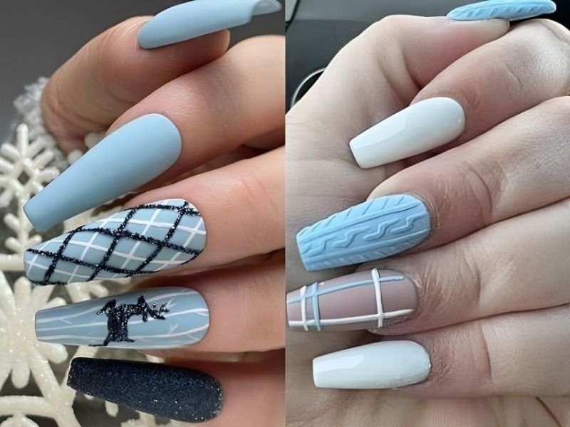 Mẫu nail màu xanh dương kẻ