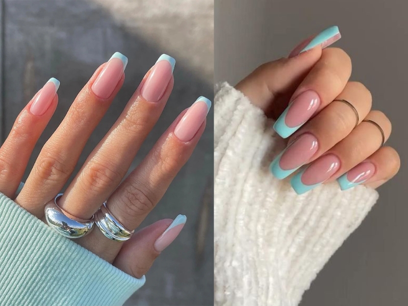 Mẫu nail màu xanh dương fen đầu móng xanh nhạt