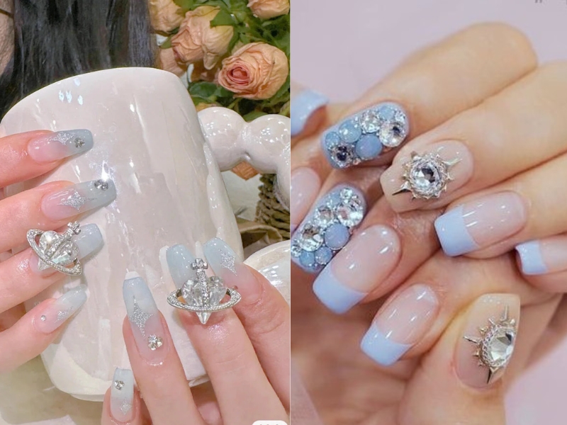 Mẫu nail xanh dương nhạt đính đá sang trọng