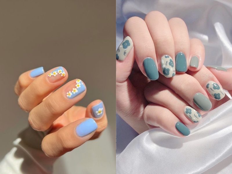 Mẫu nail xanh dương nhạt với họa tiết dễ thương