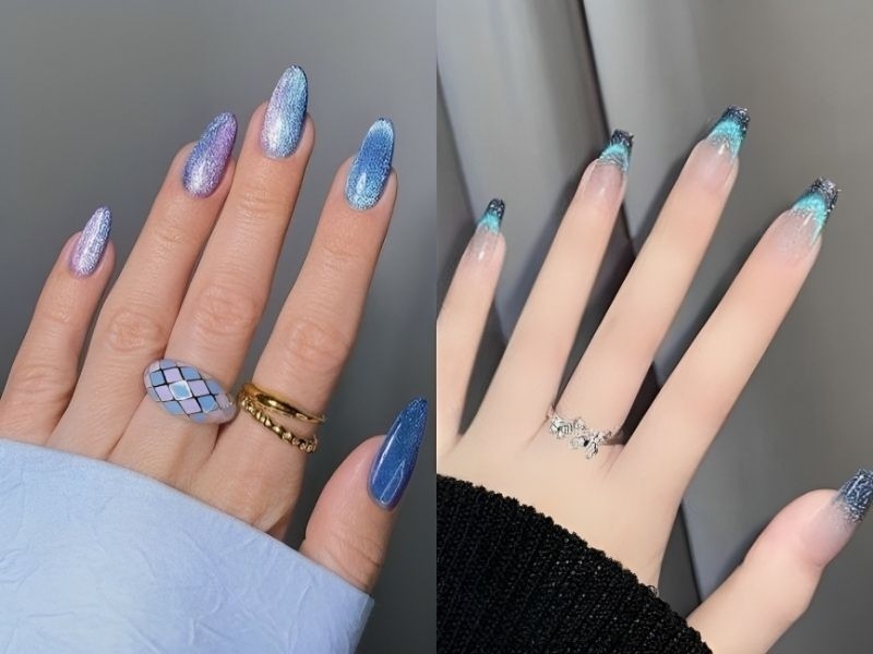 Mẫu nail xanh dương nhạt cho móng nhọn